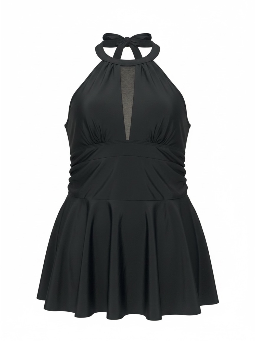 Black Halter Swim Dress with Mesh Panels and Keyhole Open Back